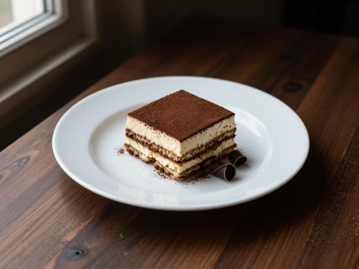 AI-generated photograph: A neat square of tiramisu on a small white plate, clean layers of coffee-dark sponge and pale mascarpone cream under a deep brown dusting of cocoa, a few curls of dark chocolate