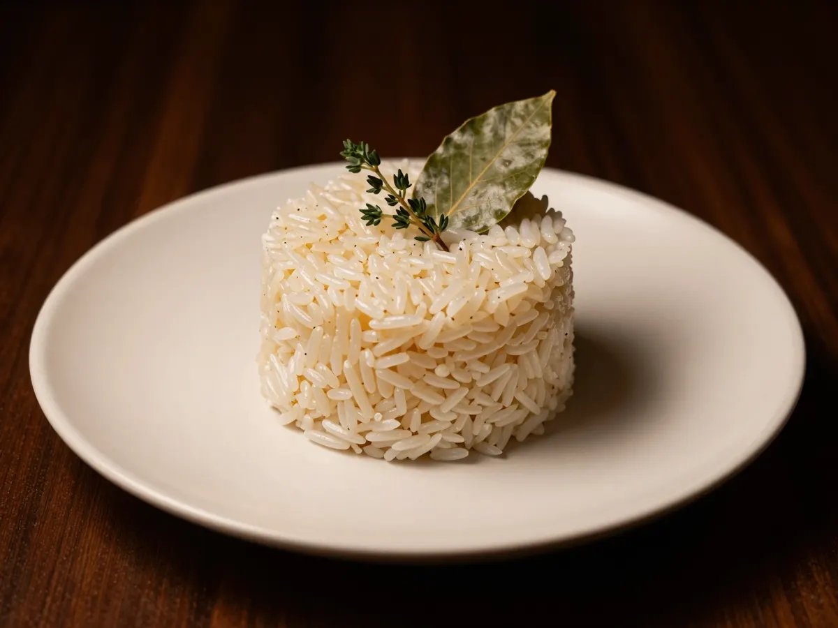 AI-generated photograph: A neat cylinder of pale ivory coconut rice on a wide matte sand coloured plate, a sprig of fresh thyme and a single bay leaf laid on top