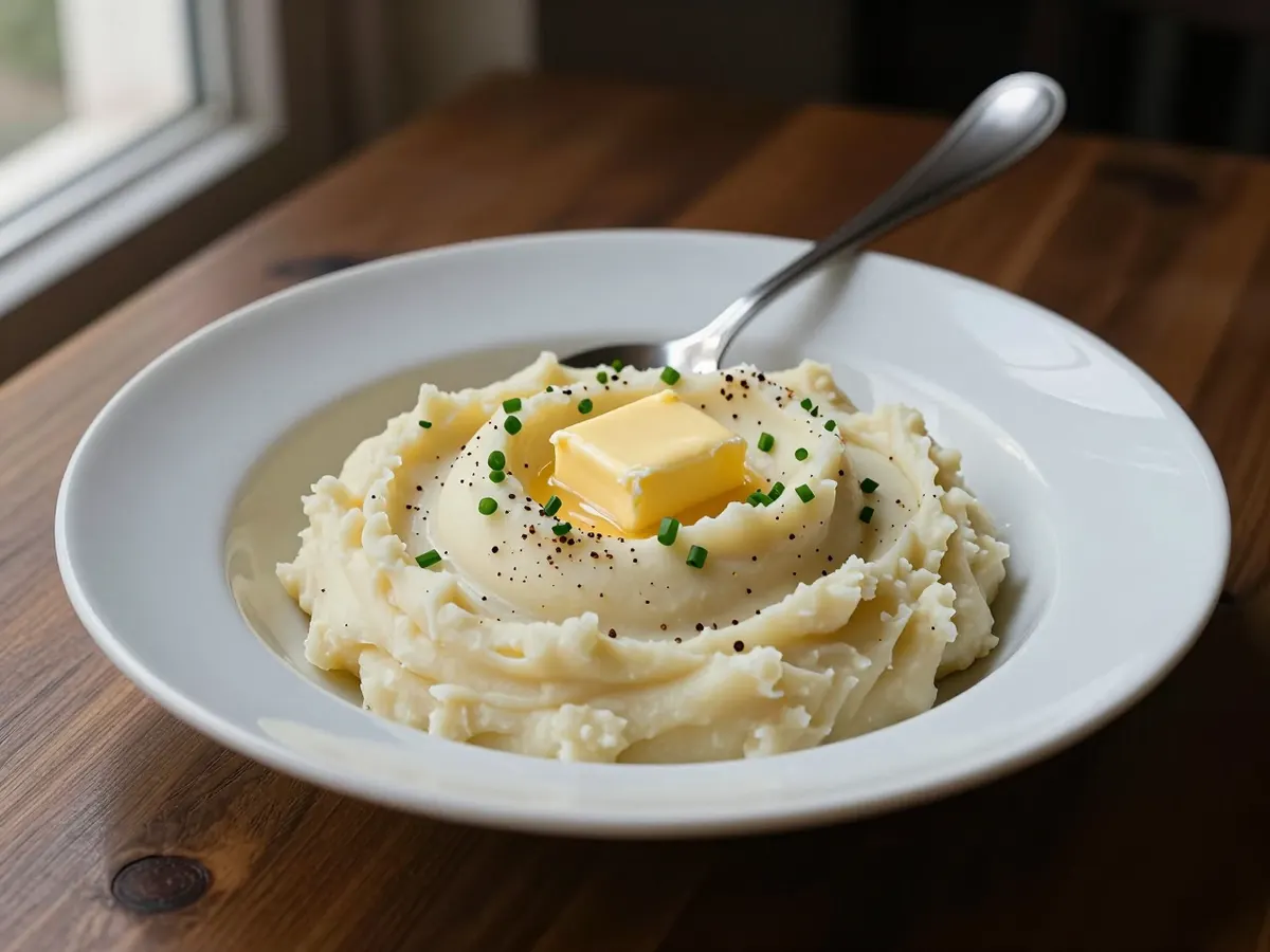 AI-generated photograph: A smooth swirl of pale golden mash in a warm white bowl, a small pool of melted butter in the centre and a scatter of finely chopped chives
