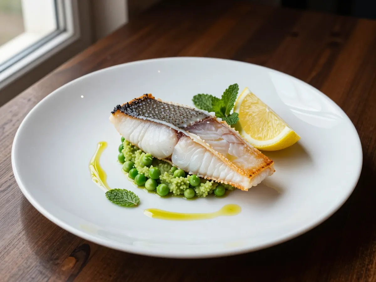 AI-generated photograph: A crisp golden-skinned hake fillet resting on a bright green mound of crushed peas on a wide white plate, small new potatoes beside it, pea shoots and a lemon wedge
