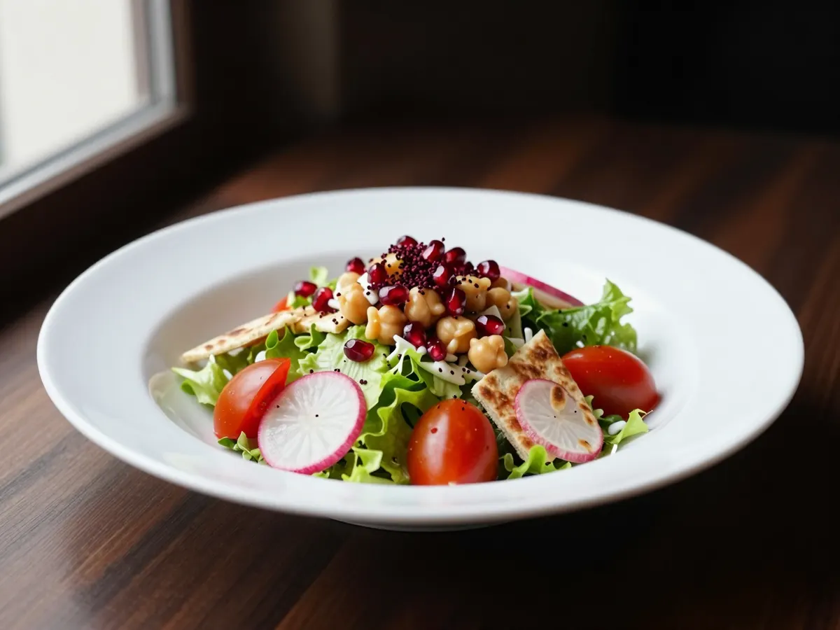 AI-generated photograph: Fattoush piled high in a wide white bowl, green lettuce and herbs, red cherry tomatoes, pink radish slices and golden pitta shards, crisp chickpeas and ruby pomegranate seeds on top, dusted with dark red sumac