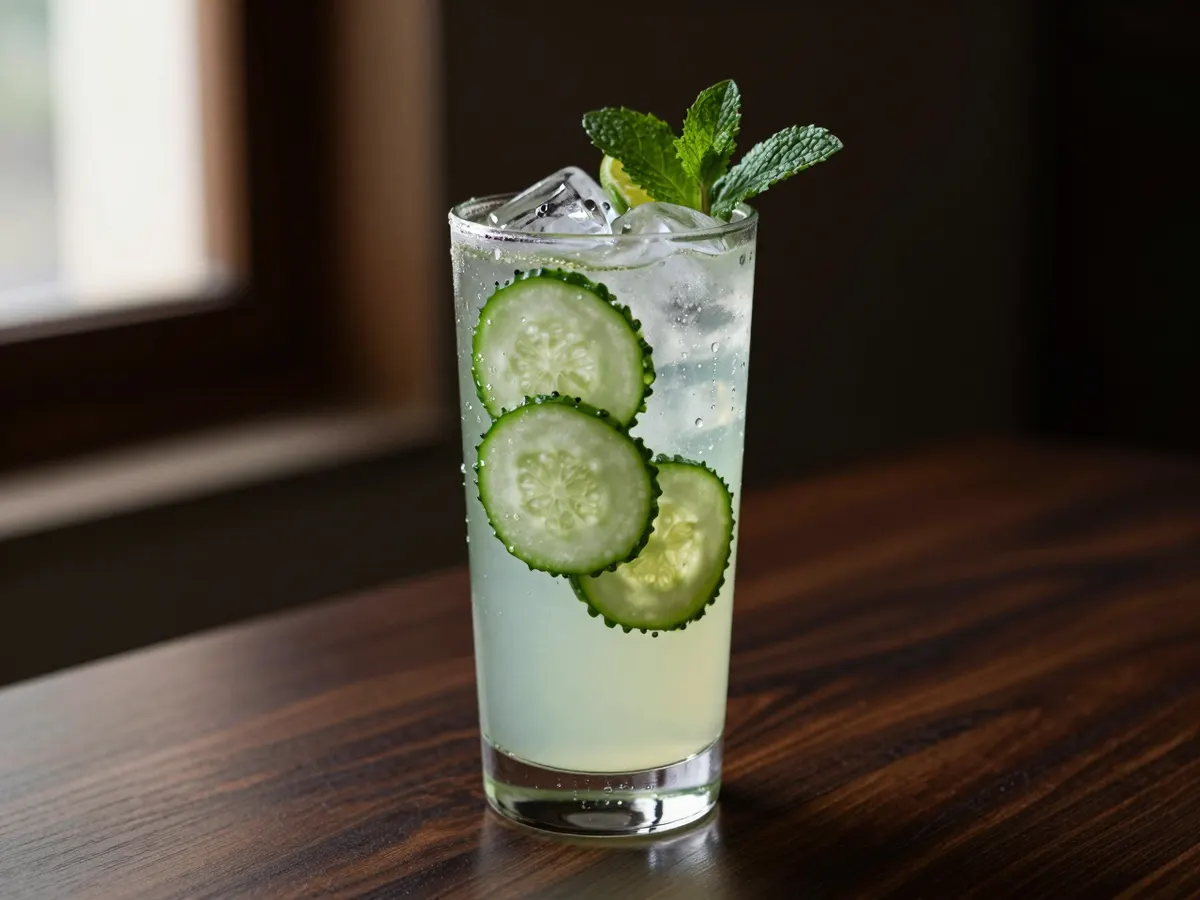 AI-generated photograph: A tall clear glass of pale green cucumber cooler over ice, thin cucumber rounds pressed against the glass, a lime wheel and a sprig of mint on top, beads of cold on the outside