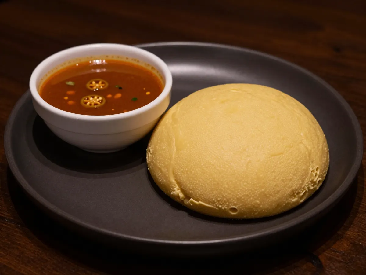 AI-generated photograph: A neat golden yellow ball of eba with a smooth satin surface on a small round black stoneware plate, shaped with a light swirl on top
