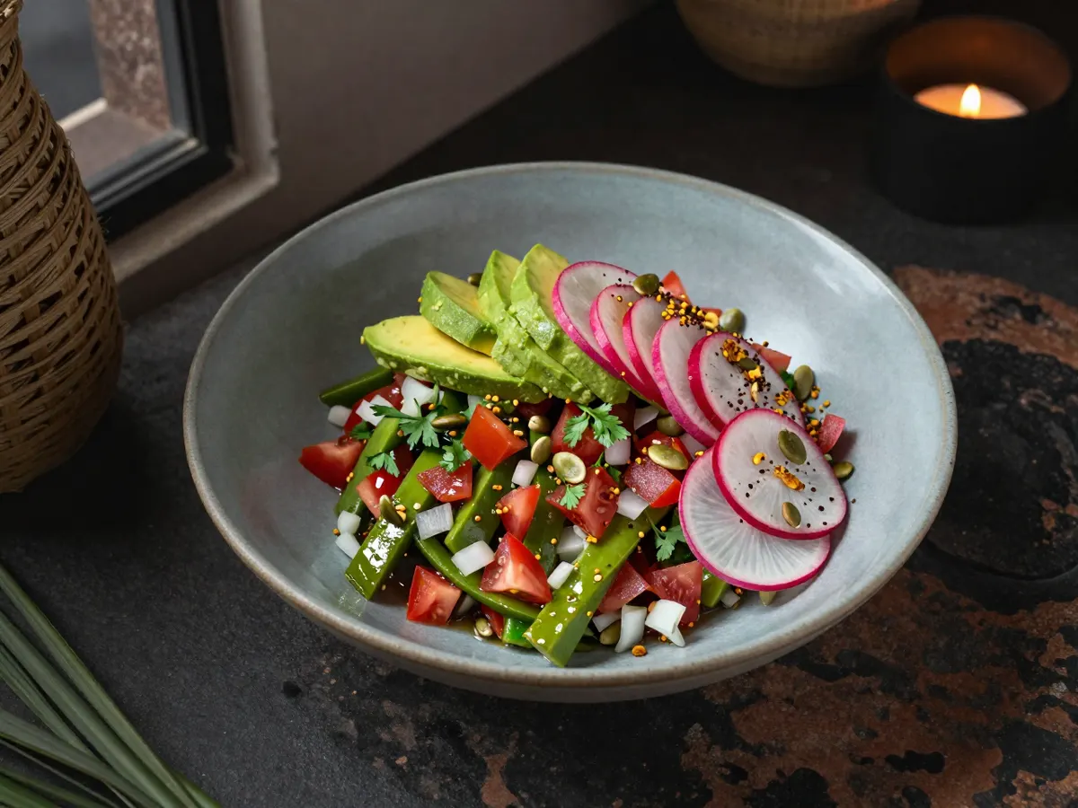AI-generated photograph: A shallow pale blue glazed bowl of green cactus strips, red tomato, white onion and coriander, fanned avocado and pink radish slices, toasted pumpkin seeds on top
