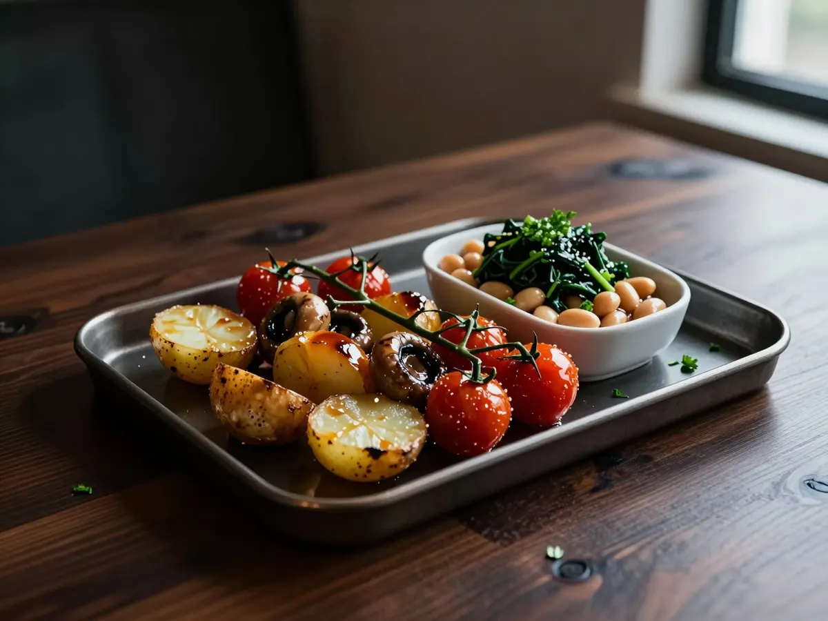 AI-generated photograph: A dark roasting tray of golden halved potatoes, glossy roast mushrooms, burst cherry tomatoes on the vine and a small dish of bubbling beans, with wilted spinach and chopped parsley scattered over