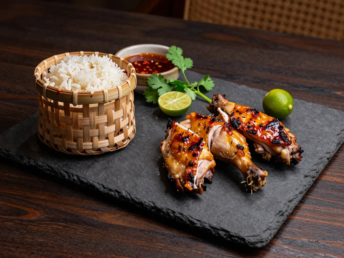AI-generated photograph: Three pieces of lacquered golden brown grilled chicken with blistered, charred skin arranged on a long oblong charcoal grey slate, a small woven bamboo basket of sticky rice and a tiny clay bowl of dark red chilli dipping sauce at one end, sprigs of coriander, seen from a three quarter angle
