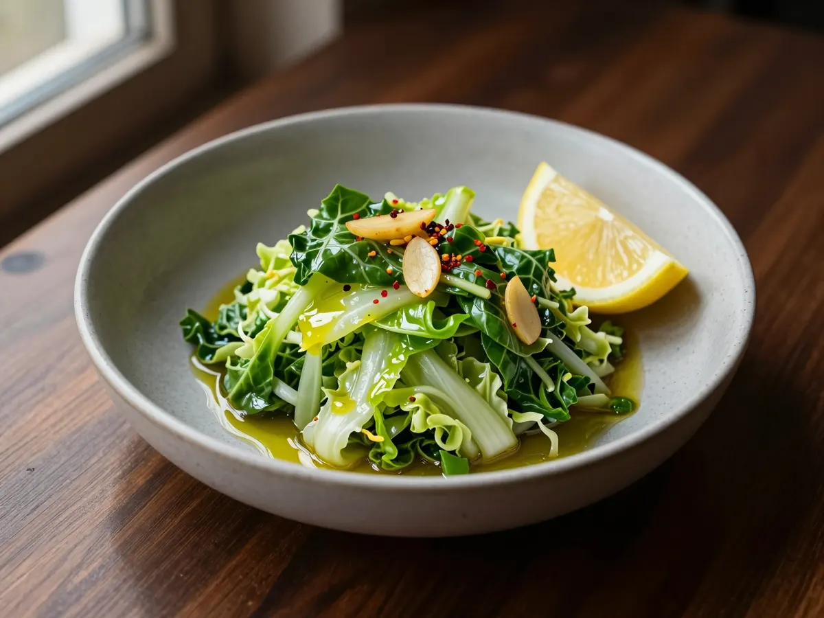 AI-generated photograph: A tangle of glossy deep green spring green ribbons in a small grey stoneware bowl, slivers of golden garlic and a few red chilli flakes on top, a lemon wedge at the side
