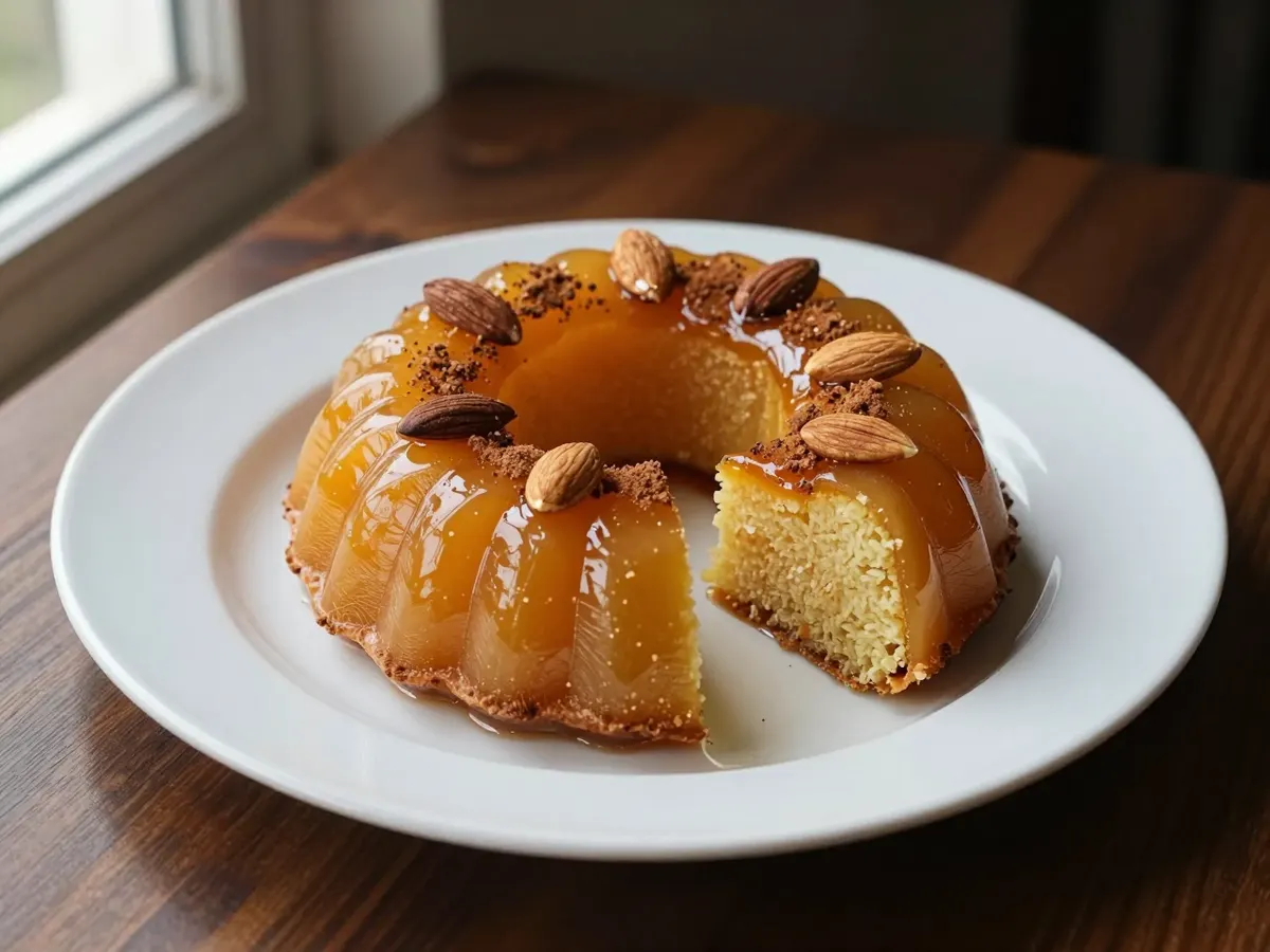 AI-generated photograph: A golden domed semolina halvas turned out on a white plate, studded with toasted almonds, dusted with cinnamon, one slice cut and laid beside a curl of orange zest