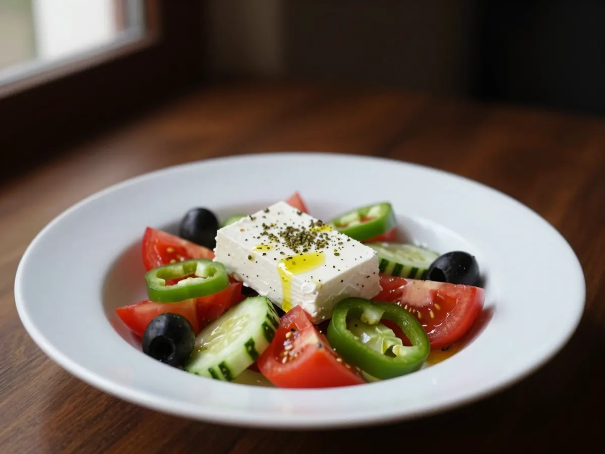 AI-generated photograph: Greek salad in a shallow white ceramic bowl, wedges of red tomato, pale green cucumber and green pepper rings, black olives and a thick white slab of feta dusted with oregano, glossy with olive oil