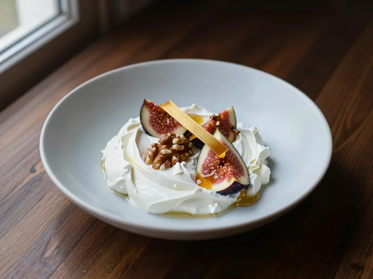 AI-generated photograph: A swirl of thick white Greek yoghurt in a shallow pale blue bowl, crowned with purple and crimson fig quarters, broken toasted walnuts and a golden ribbon of honey