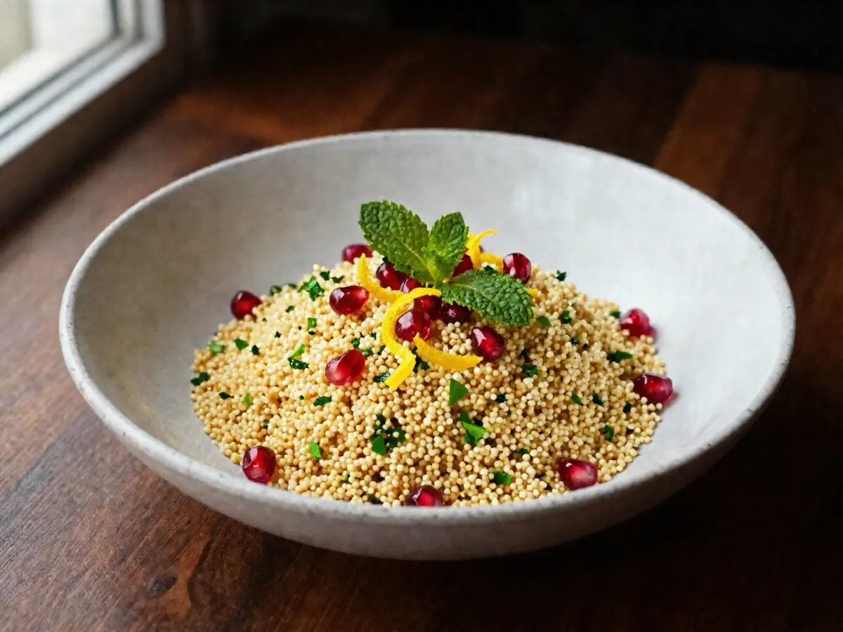 AI-generated photograph: Fluffy golden couscous heaped in a wide speckled stoneware bowl, flecked with green parsley and mint, ruby pomegranate seeds scattered over and a curl of lemon zest on top