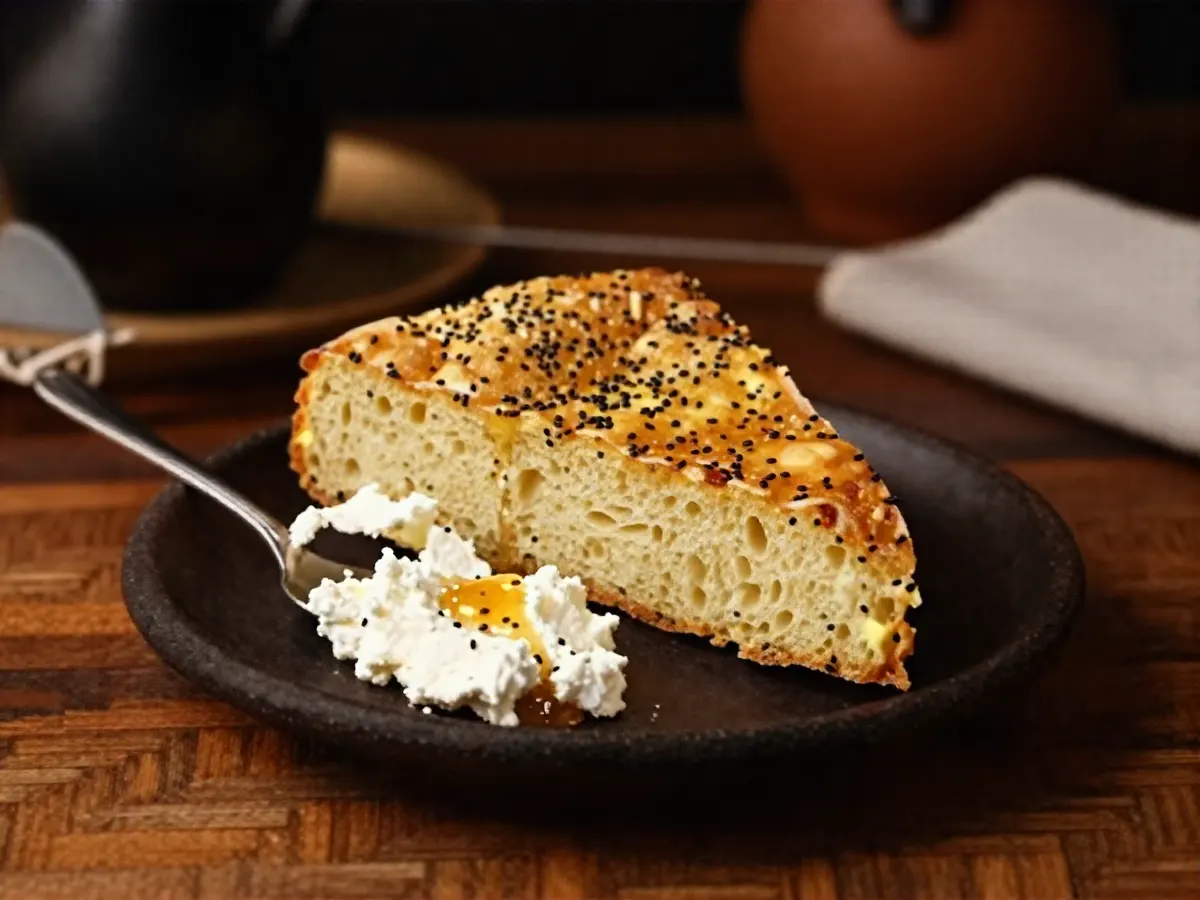 AI-generated photograph: A thick warm wedge of golden domed bread with a soft open crumb flecked with black nigella seeds, on a small round plate of dark speckled stoneware, a spoonful of white fresh cheese beside it with amber honey trickled over, seen from a low side angle