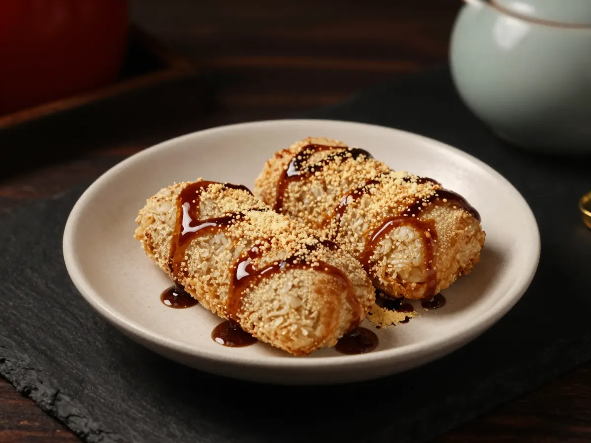 AI-generated photograph: Three golden crisp oblong rice cakes fanned on a matte cream stoneware plate, dark glossy brown sugar syrup drizzled across them and pooling beside, a soft dusting of pale yellow soya bean flour over the top, seen from a low side angle, nothing else on the plate