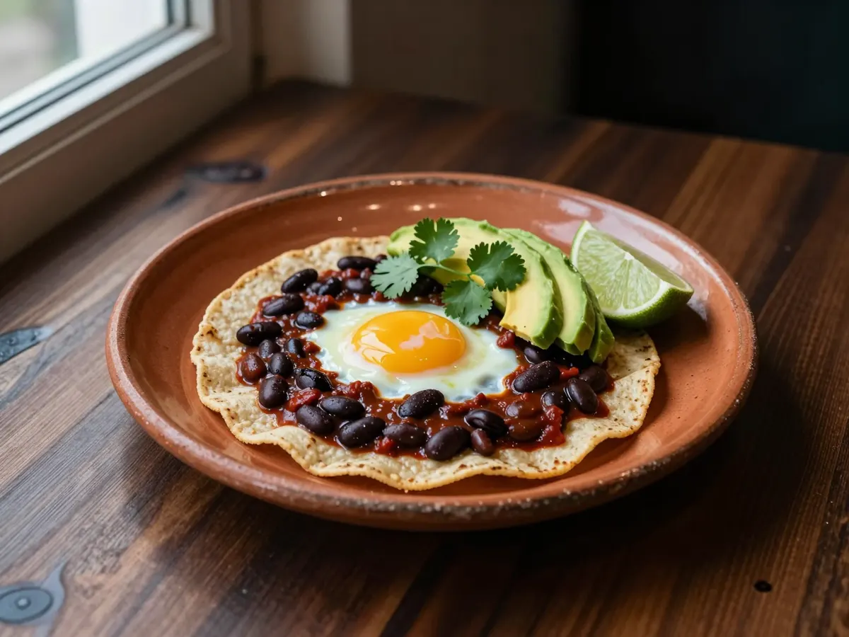 AI-generated photograph: A warm corn tortilla on a wide terracotta plate topped with a softly set egg in deep red ranchera sauce and black beans, fanned avocado, coriander leaves and a lime wedge