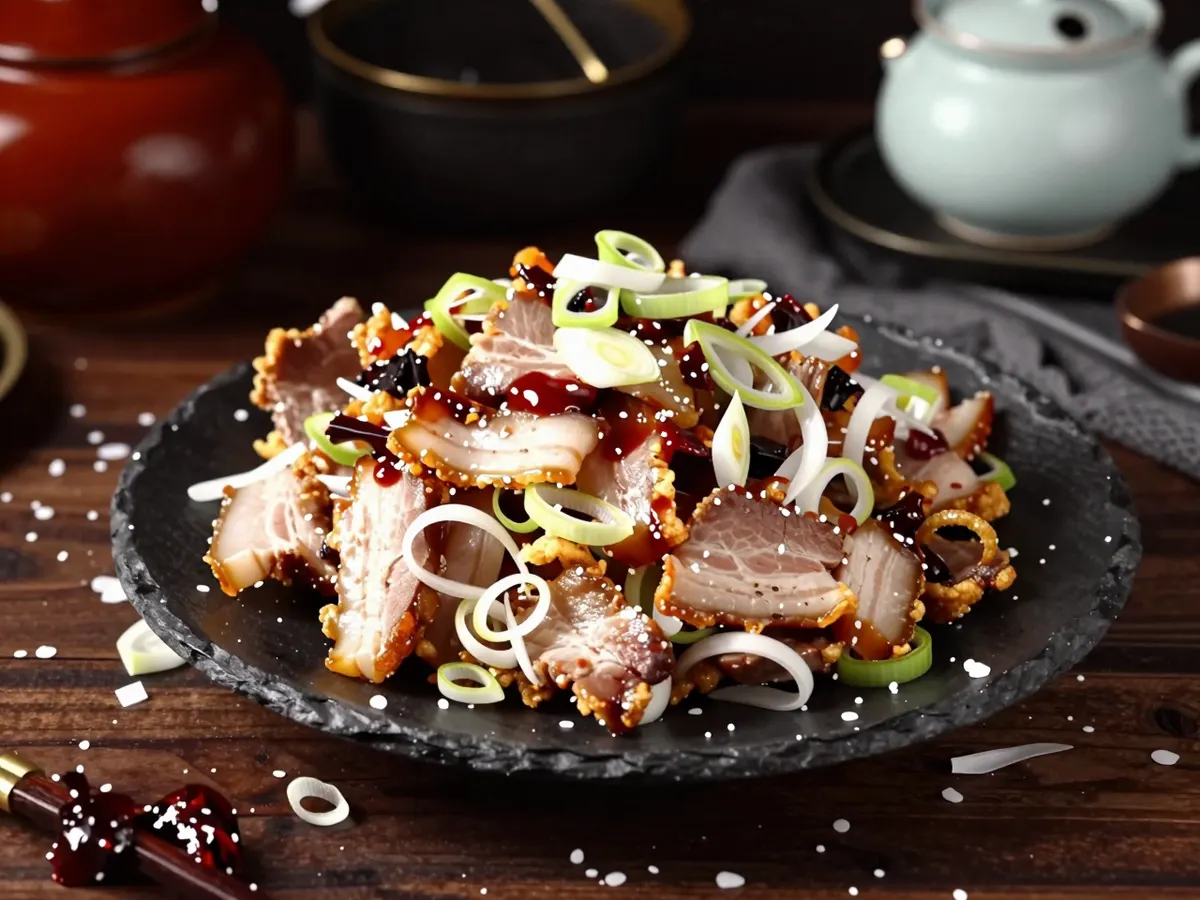 AI-generated photograph: Thin curled slices of pork belly with golden edges, glossy red with chilli bean sauce, tossed with bright green and pale leek pieces, heaped high on a dark slate grey oval plate, seen from a three quarter angle