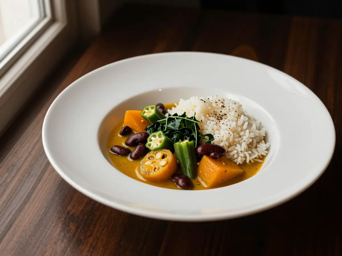 AI-generated photograph: Golden ital stew in a wide cream bowl with squash, okra rounds, kidney beans and wilted greens in coconut sauce, with a small plate of white rice beside it
