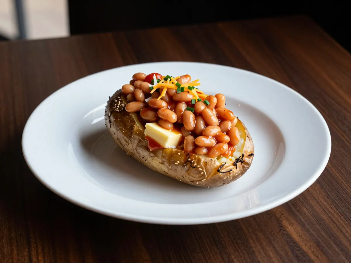 AI-generated photograph: A split jacket potato with crackling golden skin on a wide white plate, its fluffy middle heaped with glossy brick red smoky beans and scattered with bright green chives