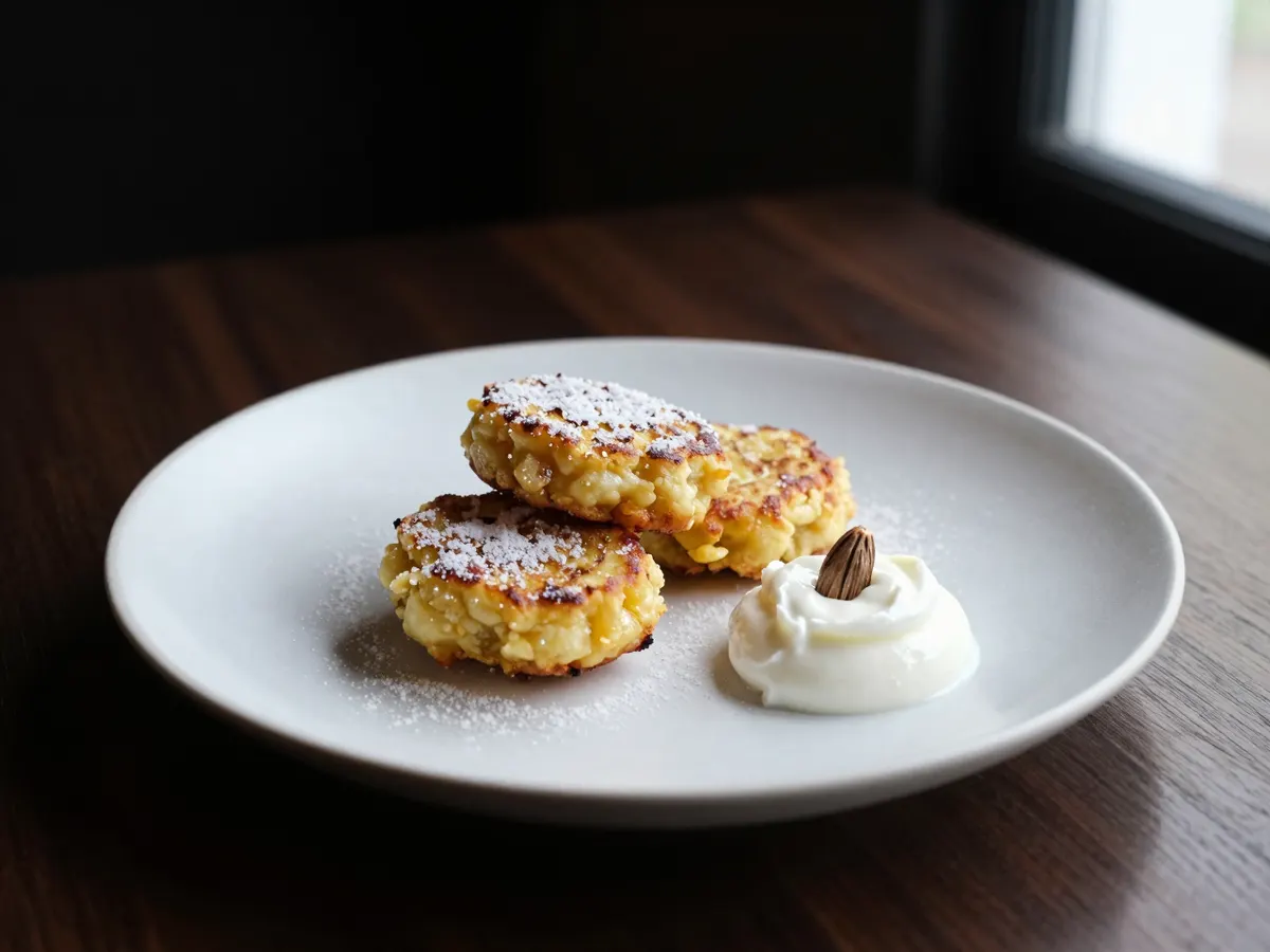 AI-generated photograph: Three golden banana fritters stacked loosely on a small pale ceramic plate, dusted with icing sugar, a neat quenelle of white coconut yoghurt and a pinch of nutmeg beside them