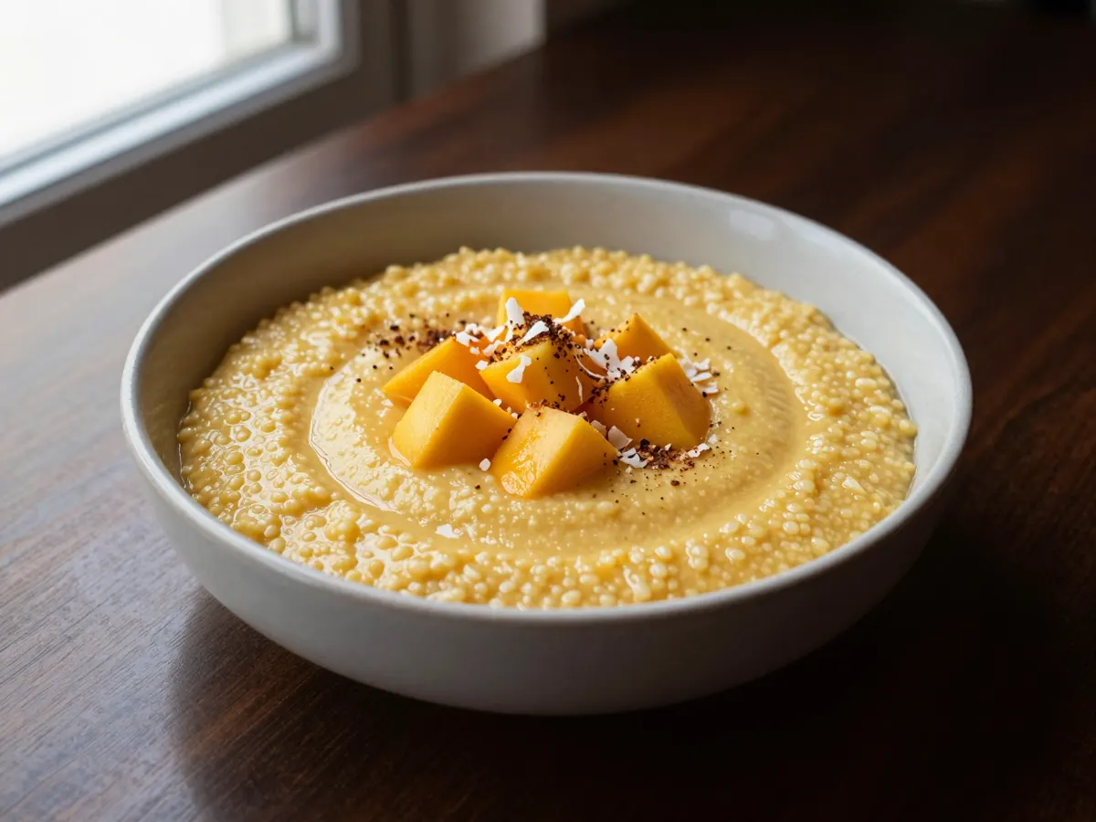 AI-generated photograph: Cream coloured cornmeal porridge in a wide stoneware bowl, a neat pile of golden mango cubes on top, toasted coconut scattered over and a dusting of nutmeg