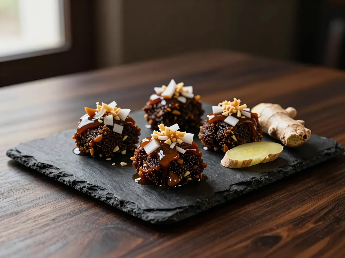 AI-generated photograph: Three glossy dark amber coconut drops on a small round slate, chunks of coconut catching the light, a curl of fresh coconut beside them