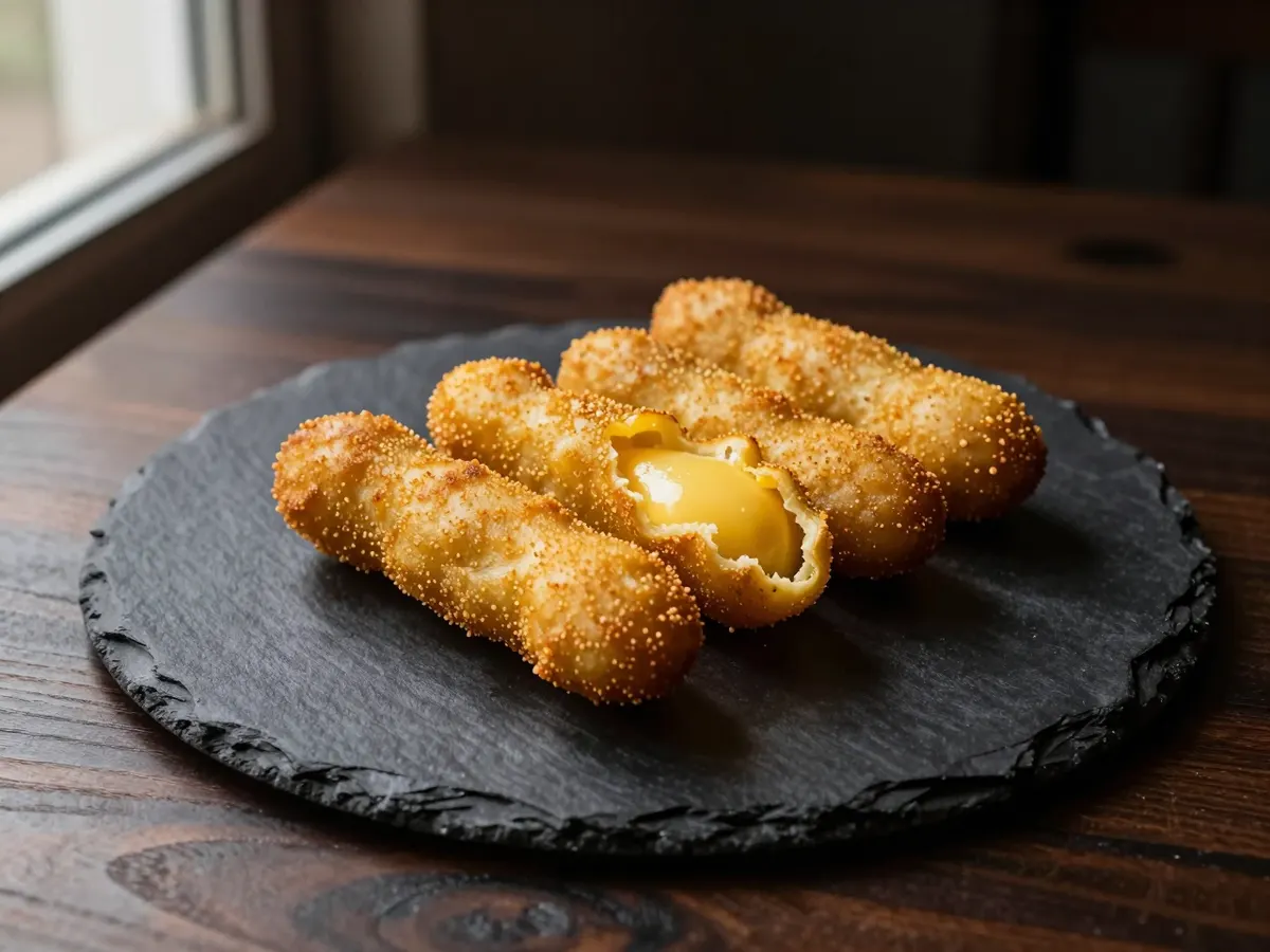 AI-generated photograph: Three golden festival dumplings stacked at an angle on a dark slate plate, crisp ridged skins catching the light, a small ramekin of hot pepper sauce beside them