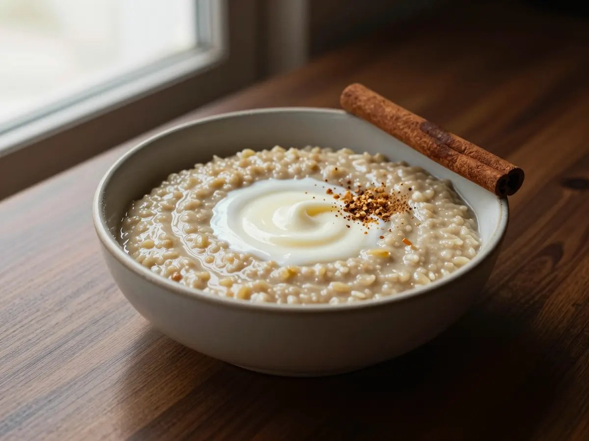 AI-generated photograph: Pale cream banana porridge in a wide stoneware bowl, a fan of ripe banana slices on top, dusted with nutmeg, a cinnamon stick resting on the rim