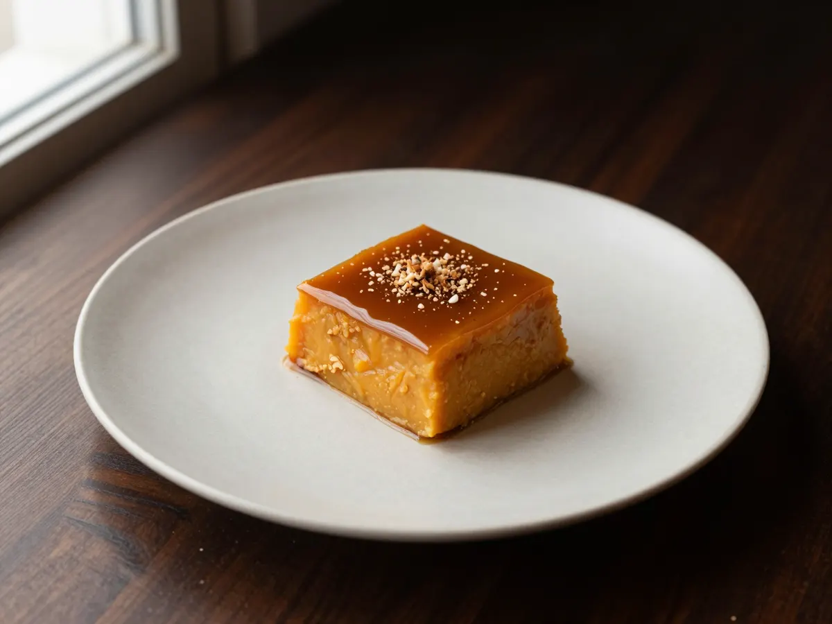 AI-generated photograph: A neat square of sweet potato pudding with a glossy caramel coconut top on a matte cream plate, dusted with a little grated nutmeg