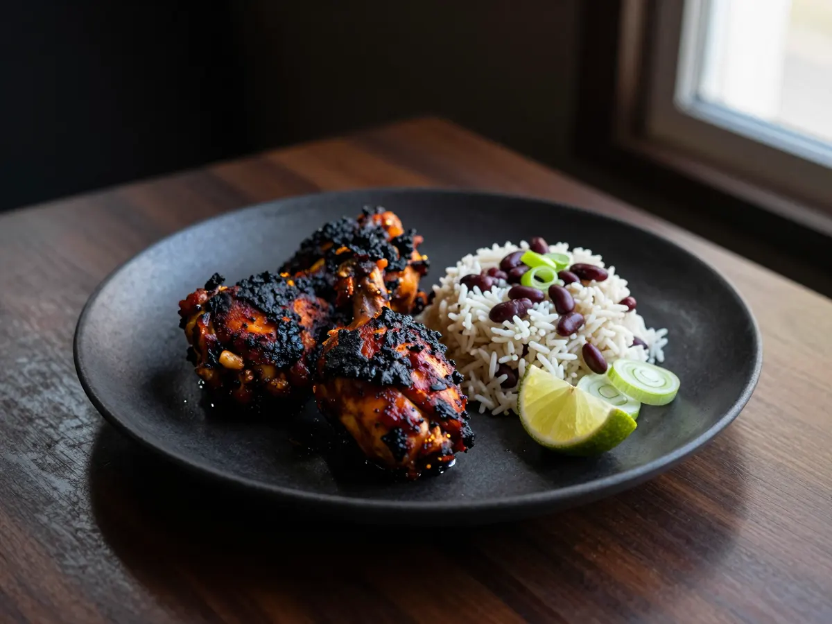 AI-generated photograph: Charred jerk chicken thighs on a matte charcoal plate with a neat mound of coconut rice and peas, a wedge of lime and a scatter of sliced spring onion