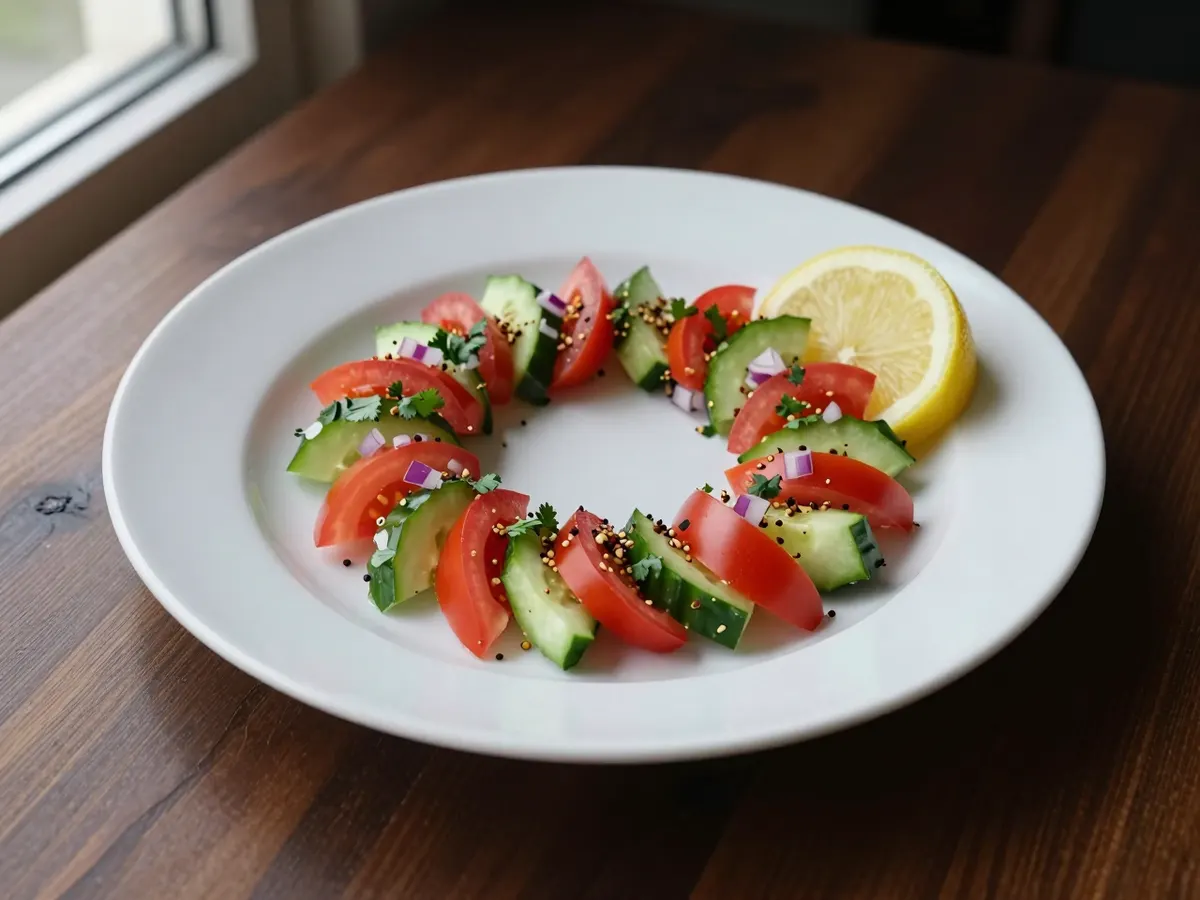 AI-generated photograph: A neat ring of finely diced cucumber, red tomato and red onion on a white plate, flecked with green coriander and crushed cumin, a thin slice of lemon at the side