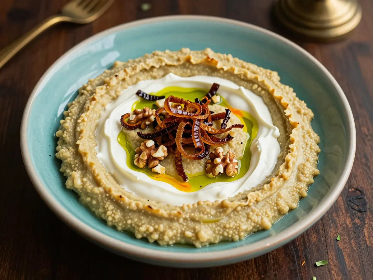 AI-generated photograph: A wide shallow turquoise glazed bowl of pale golden mashed aubergine seen from above, swirled with white kashk, topped with deep brown crisp onions, a ribbon of dark green mint oil, chopped walnuts and a few drops of saffron water