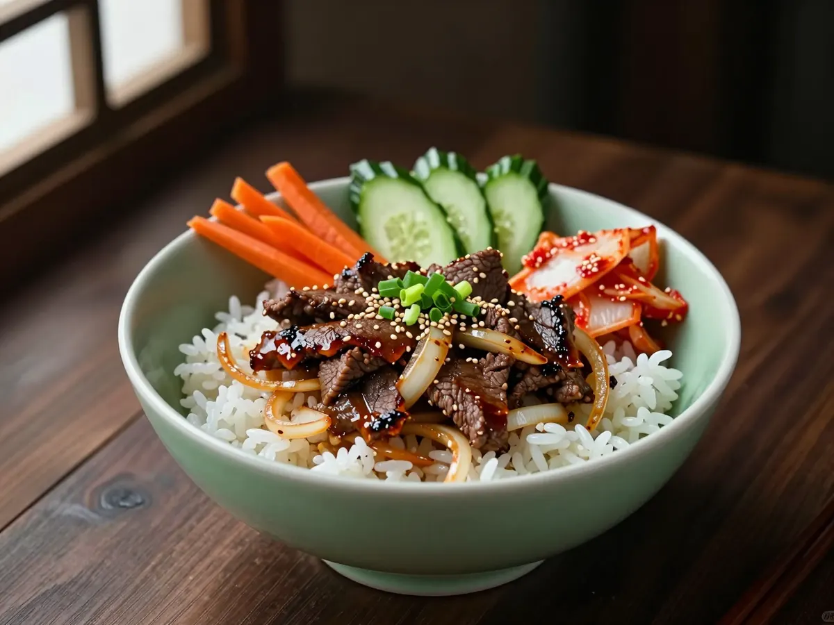 AI-generated photograph: Dark, glossy strips of caramelised beef on short-grain rice in a celadon green bowl, pale cucumber rounds and orange carrot matchsticks beside it, sesame seeds and spring onion on top