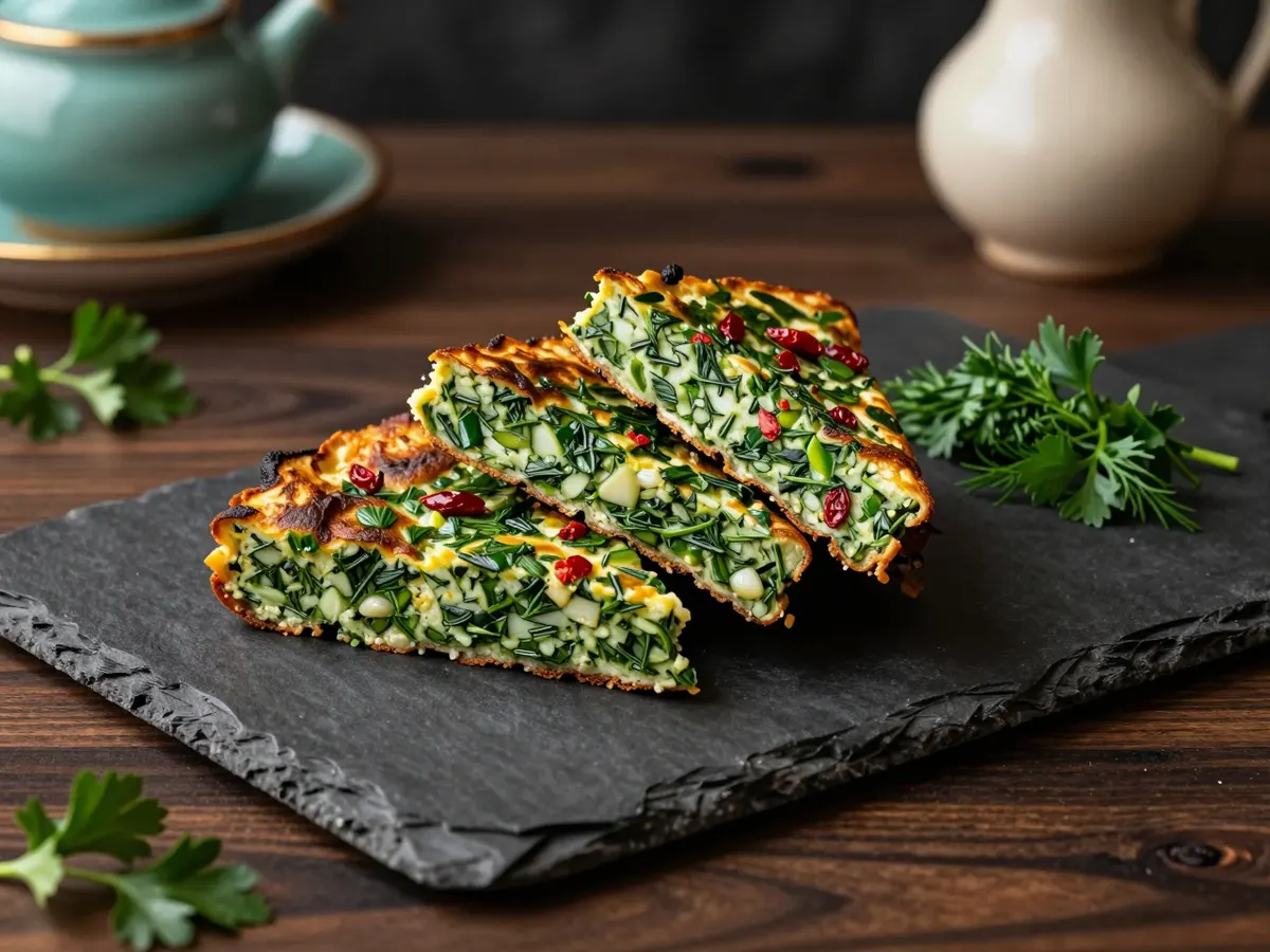 AI-generated photograph: Three diamond shaped slices of deep green baked herb frittata stacked on a dark slate board, the cut sides showing a dense green crumb dotted with red barberries, a small heap of fresh herbs beside them