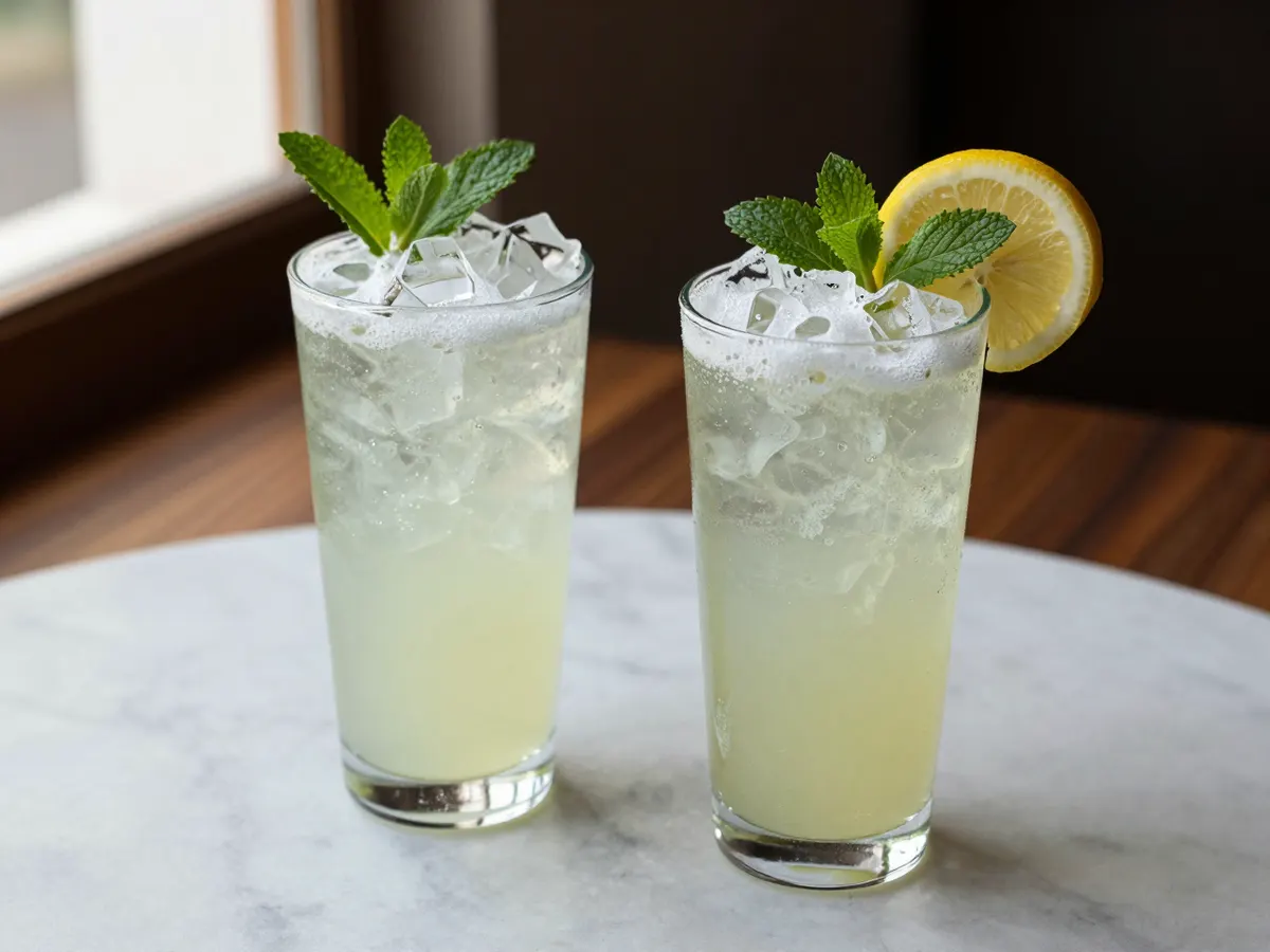 AI-generated photograph: Two tall clear glasses of frothy pale green mint lemonade over crushed ice, a bright sprig of mint and a thin lemon wheel on each rim, on a white marble surface