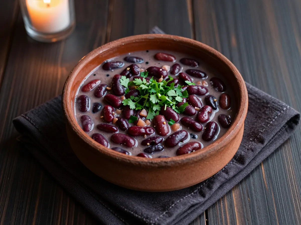 AI-generated photograph: A small round terracotta clay pot full of thick, creamy red kidney bean stew topped with a heap of bright chopped coriander and parsley, set on a folded dark linen napkin, seen from directly above