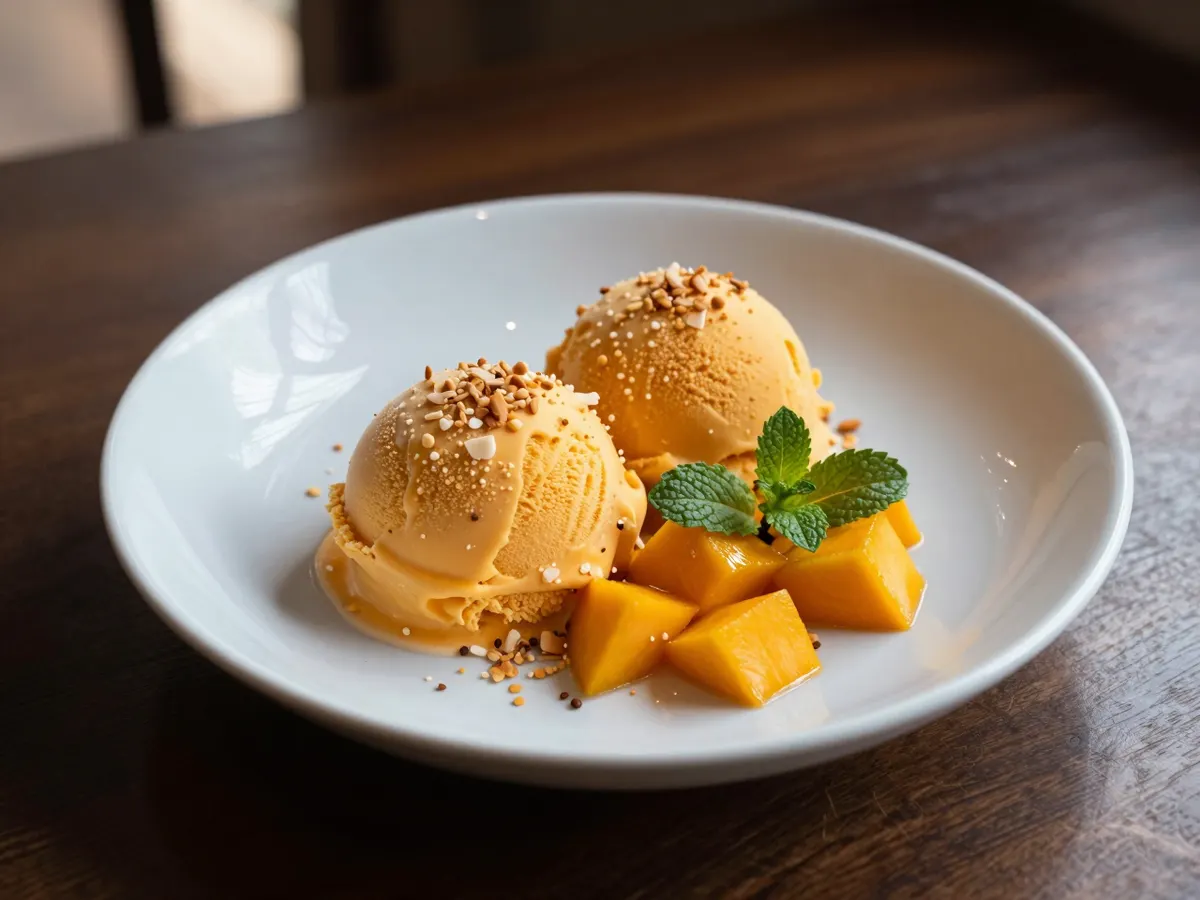 AI-generated photograph: Two smooth oval scoops of golden mango and coconut sorbet in a chilled coupe glass, thin slices of fresh mango beside them, green lime zest and a faint dusting of red chilli