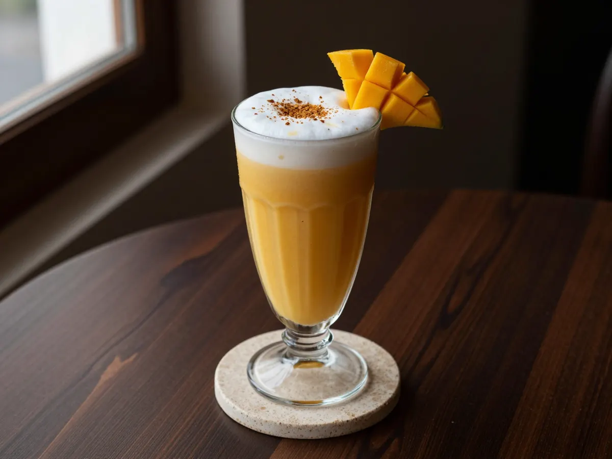 AI-generated photograph: A tall glass of thick golden mango lassi on a pale stone coaster, a dusting of ground cardamom on the froth and a slice of fresh mango on the rim