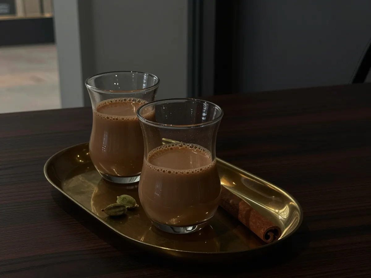 AI-generated photograph: Milky spiced chai in two small clear tea glasses on a brass tray, a cinnamon stick and green cardamom pods placed beside them
