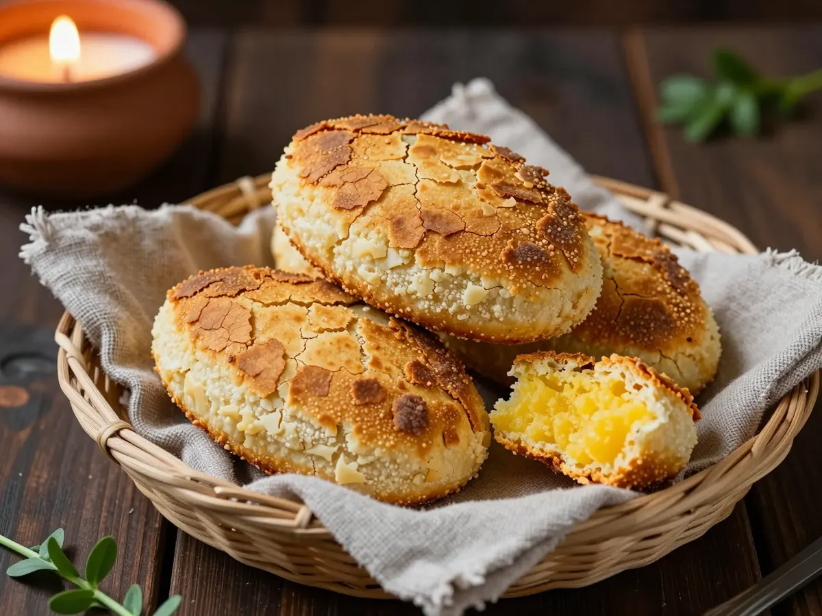 AI-generated photograph: Three oval golden cornbread cakes with crackled crusts stacked loosely on a coarse grey linen cloth in a shallow woven basket, one broken open to show the soft yellow crumb, seen from a three quarter angle