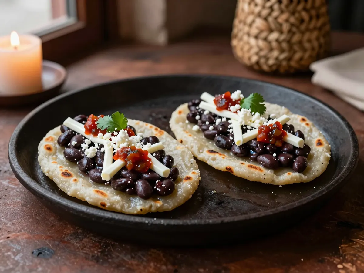 AI-generated photograph: Two thick oval corn rounds with pinched rims on a dark iron griddle plate, spread with black beans, melted white cheese strands, dots of brick red salsa and crumbled white cheese