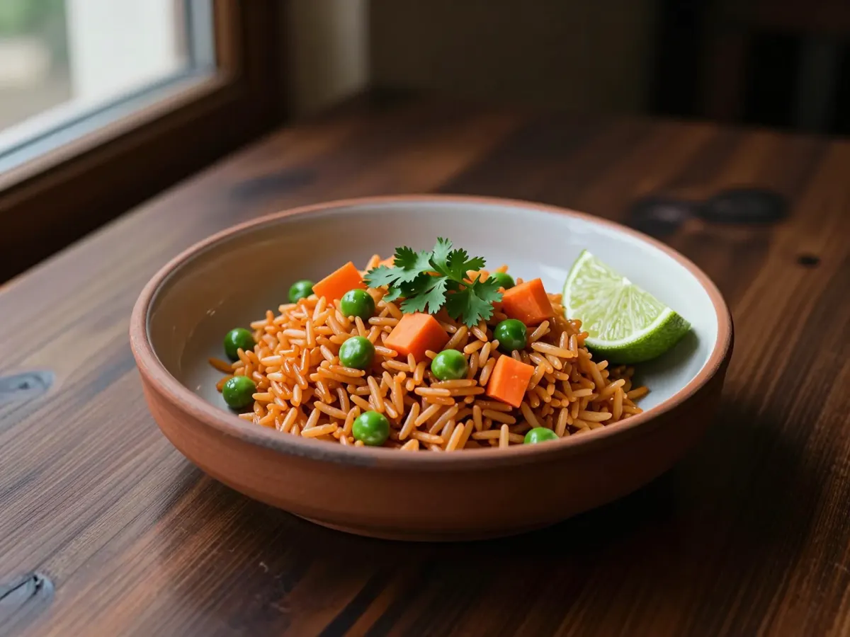 AI-generated photograph: A shallow terracotta bowl of fluffy orange red rice dotted with green peas and orange carrot, chopped coriander on top and a lime wedge at the side