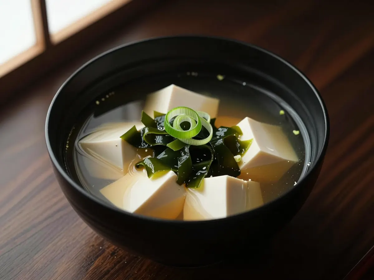 AI-generated photograph: Clear golden miso broth in a black lacquer bowl, small white cubes of silken tofu, dark green ribbons of wakame and thin rings of bright spring onion floating on top