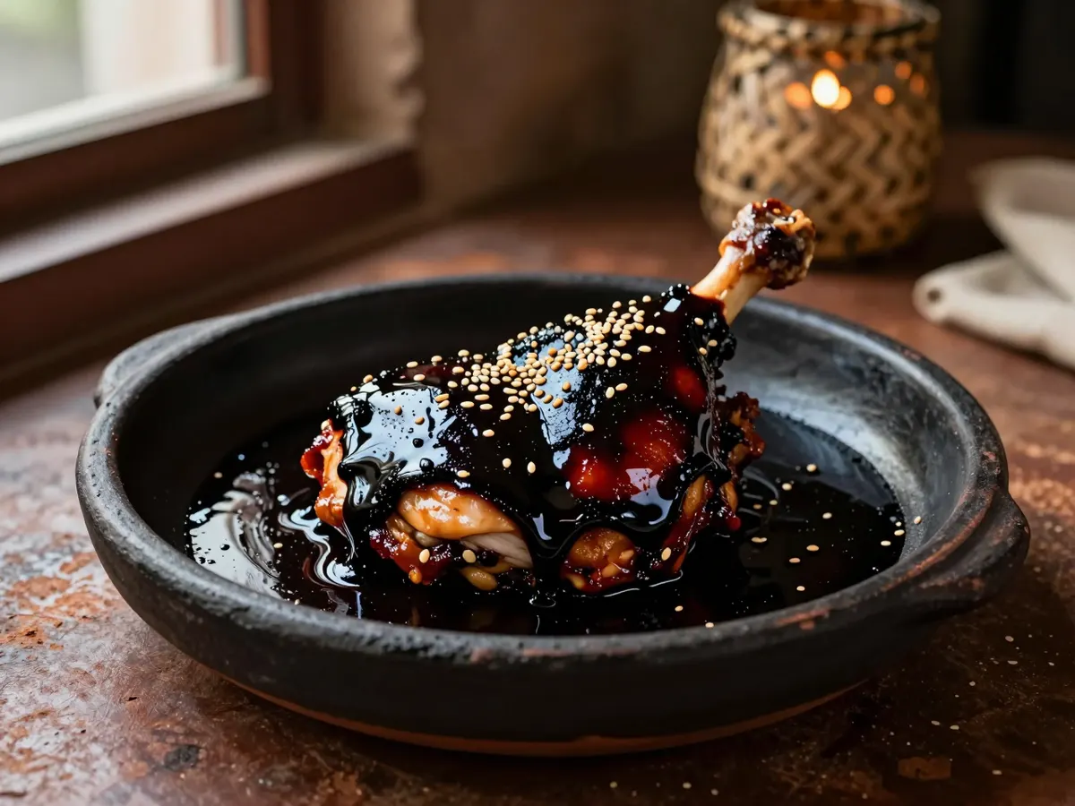 AI-generated photograph: A chicken leg under a glossy near black mole sauce in a shallow black clay dish, scattered with toasted sesame seeds