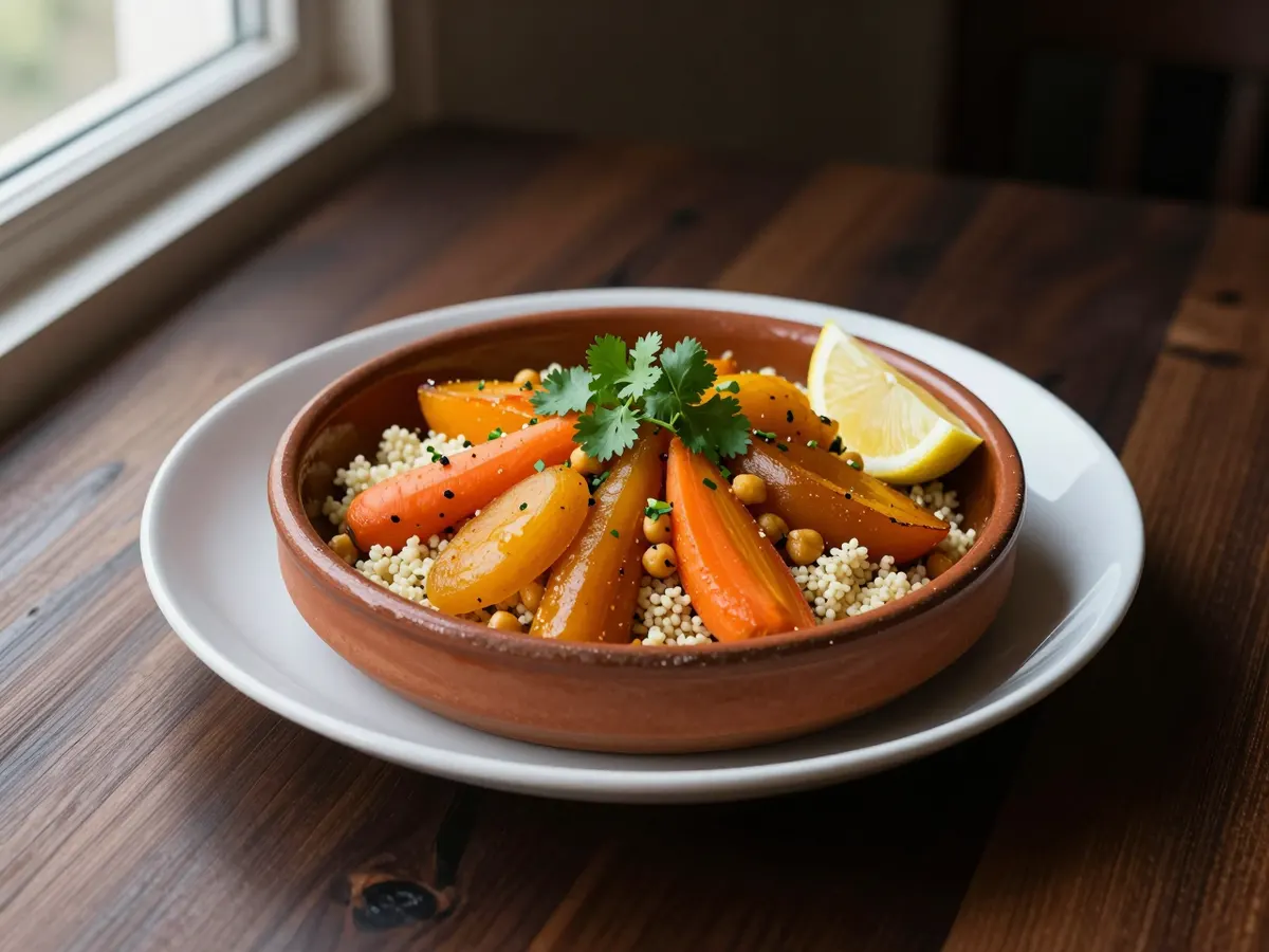 AI-generated photograph: Vegetable and chickpea tagine in a deep terracotta bowl, amber squash, orange carrots and golden apricots over pale couscous, scattered with bright green coriander and a lemon wedge
