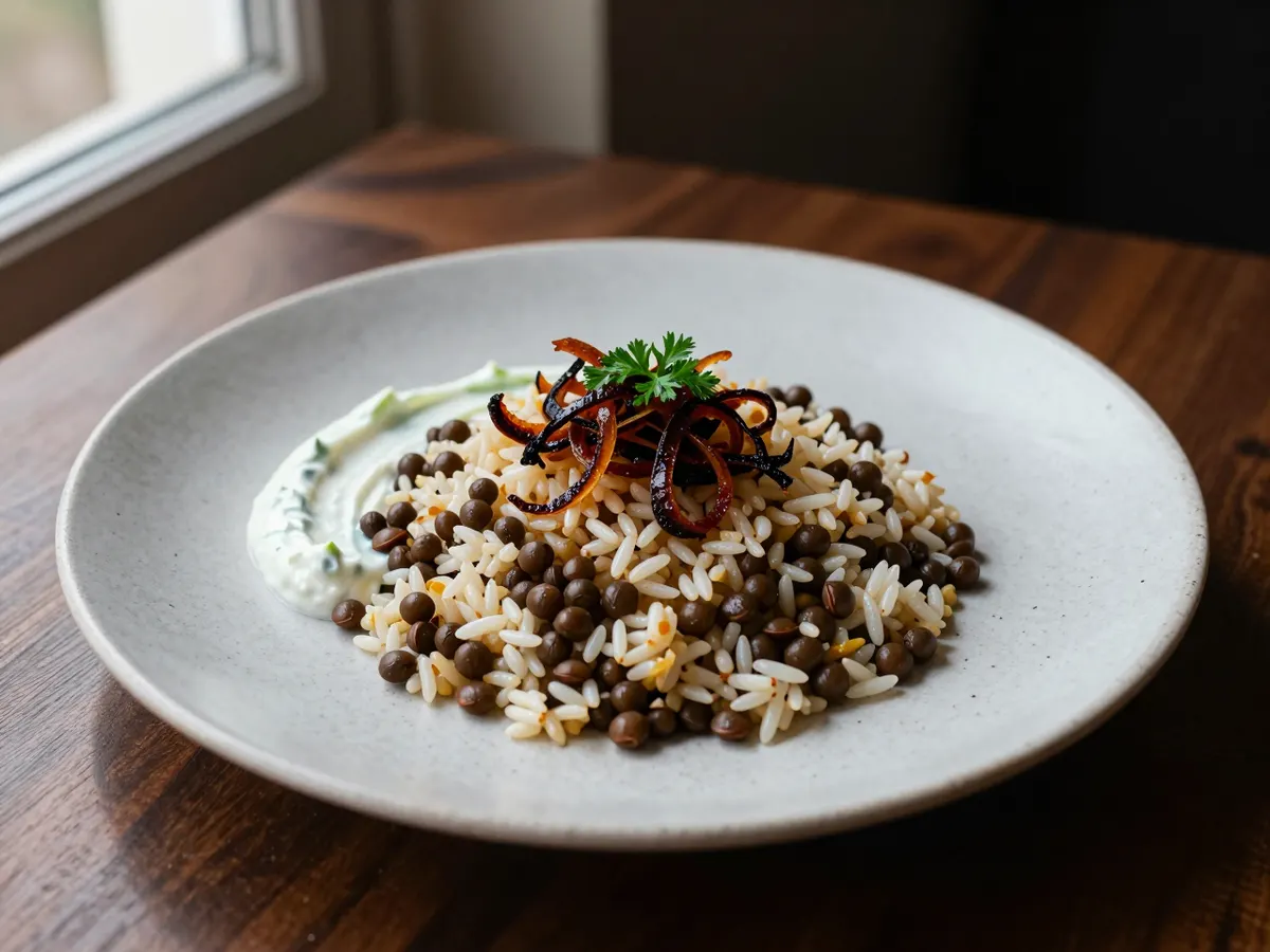 AI-generated photograph: Mujaddara on a wide pale stone plate, speckled lentils and rice crowned with a tangle of dark crispy onions and parsley, a white swirl of cucumber yoghurt to one side