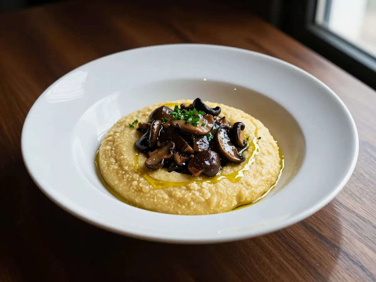AI-generated photograph: A shallow white bowl of soft golden polenta with a dark, glossy mushroom ragu spooned into its centre, a scatter of green parsley and a thread of olive oil
