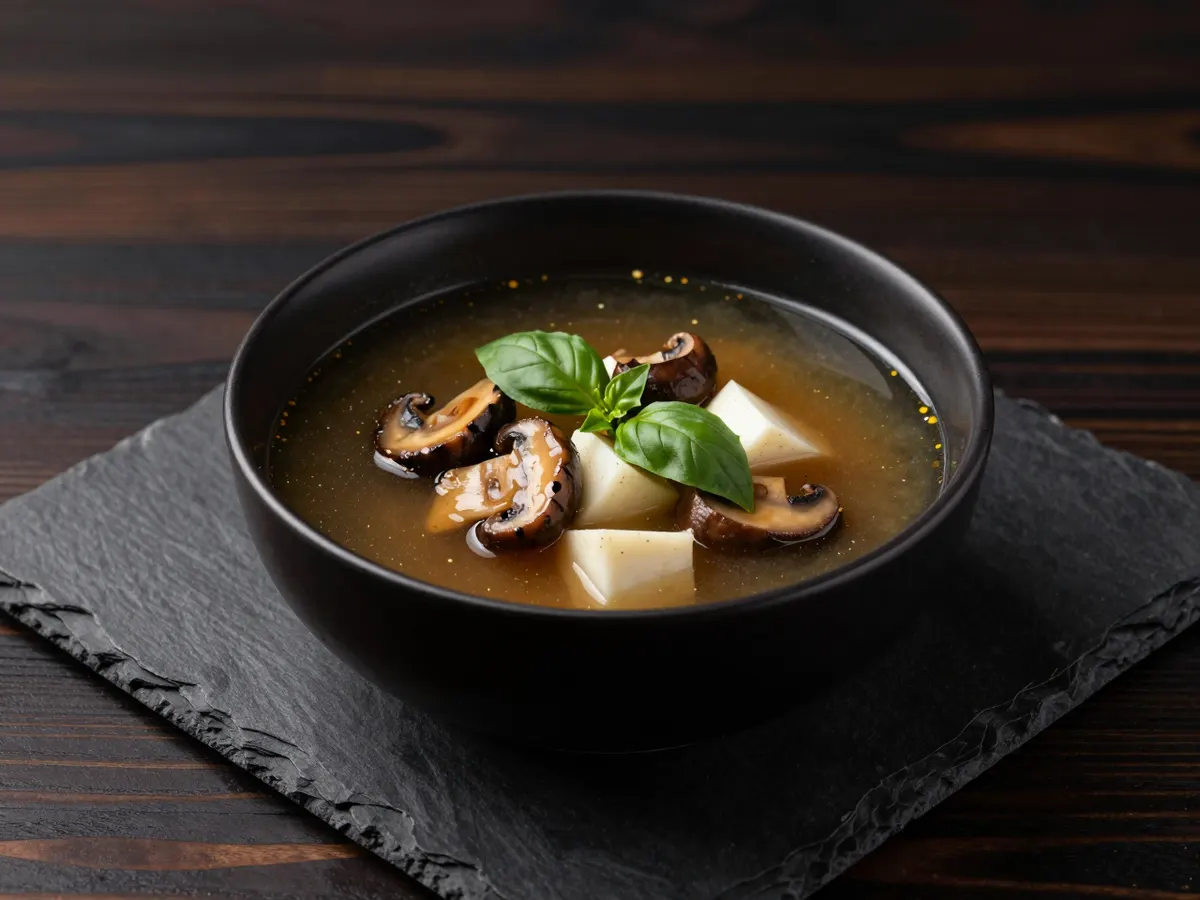 AI-generated photograph: A small deep black bowl of clear amber pepper soup with sliced chestnut mushrooms and pale yam cubes, torn green basil leaves floating on top, set on a slate tile