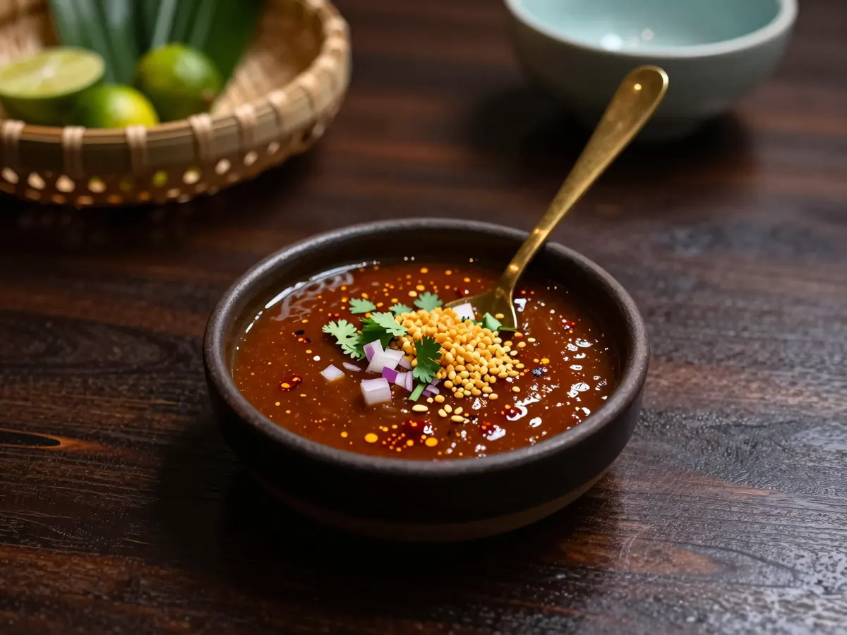 AI-generated photograph: A small dark unglazed clay dish of glossy brick red dipping sauce flecked with chilli flakes, chopped shallot, coriander and toasted rice, a tiny spoon resting in it, on a dark wooden table, seen from close above at a slight angle, nothing else beside it