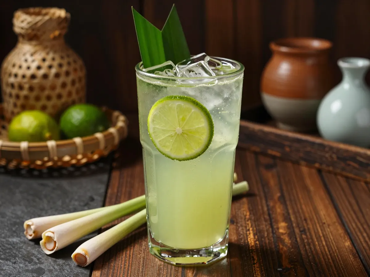 AI-generated photograph: A tall straight sided glass of pale jade green lemongrass and pandan drink over clear ice cubes, a thin lime wheel and a knotted pandan leaf in the glass, condensation on the outside, on a dark wooden table, seen from the side at eye level, nothing else beside it