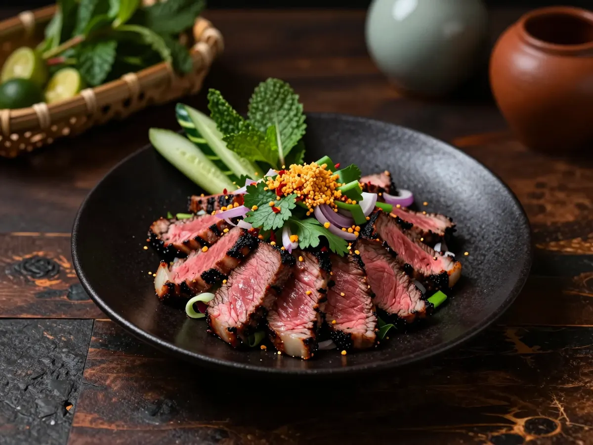 AI-generated photograph: Thin slices of pink medium rare grilled beef with charred edges tumbled with mint, coriander, sliced shallot and a dusting of golden toasted rice powder, heaped in the centre of a wide matte black stoneware plate, cucumber batons and a little gem leaf beside it, seen from a high angle
