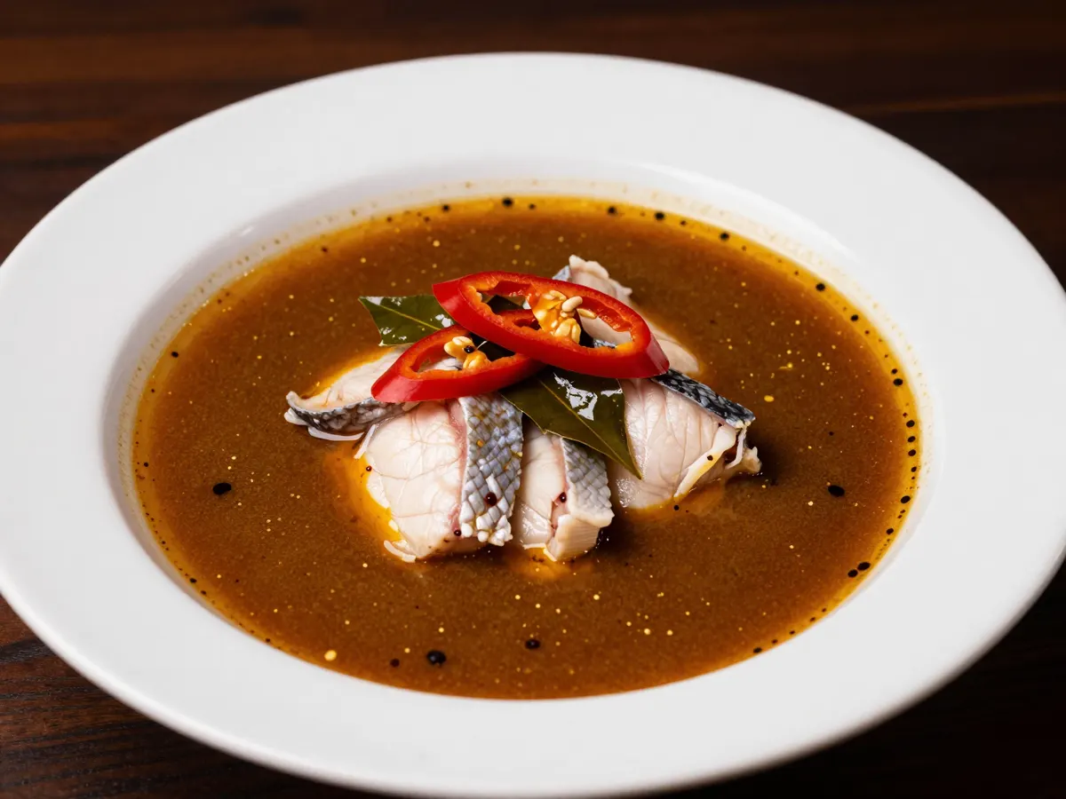 AI-generated photograph: Clear amber pepper soup in a deep white bowl with chunks of white fish, torn green basil and a lime wedge on the rim